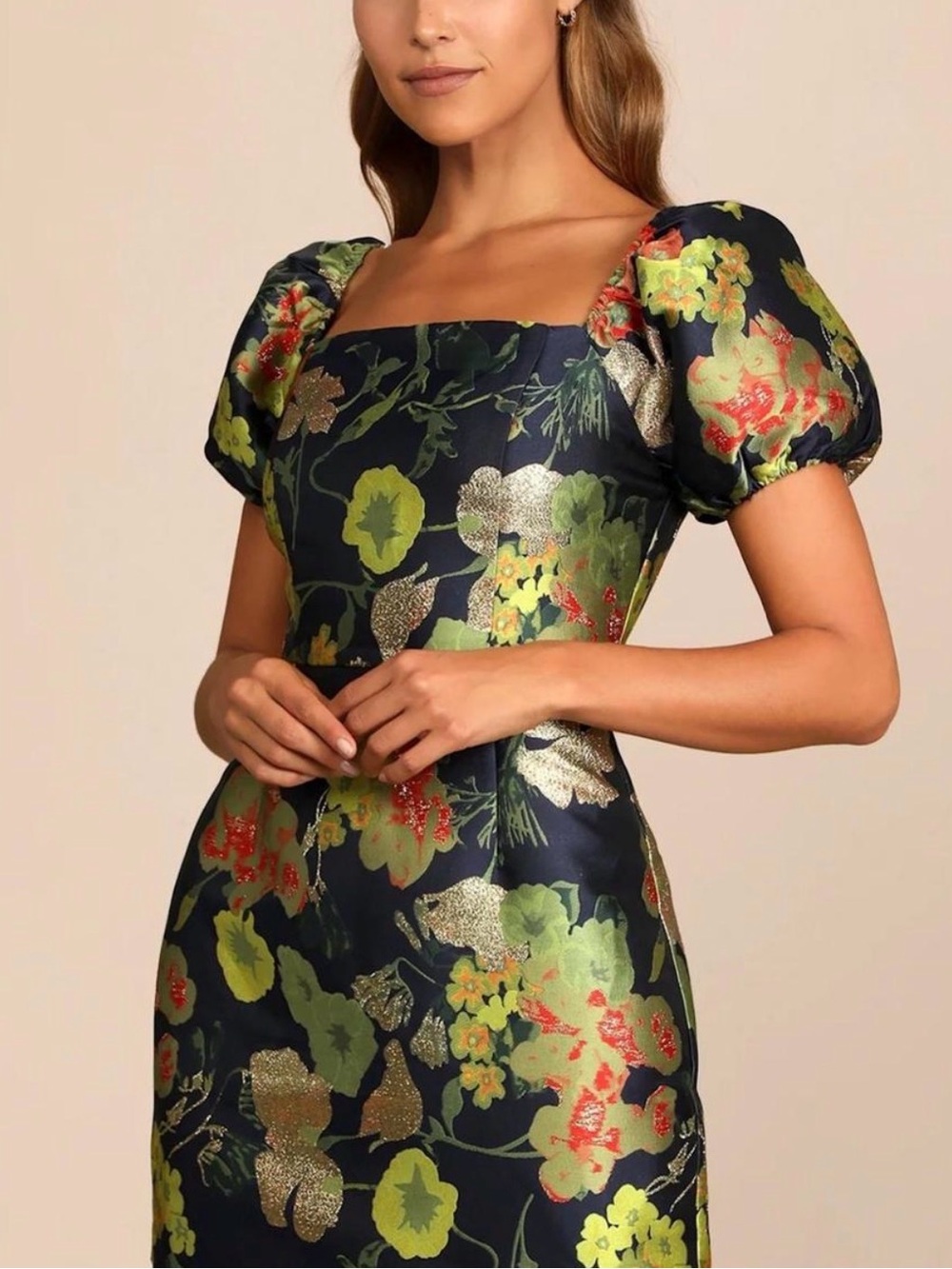 Lulu's Navy Floral Puff-Sleeve Mini Dress with Gold Accents